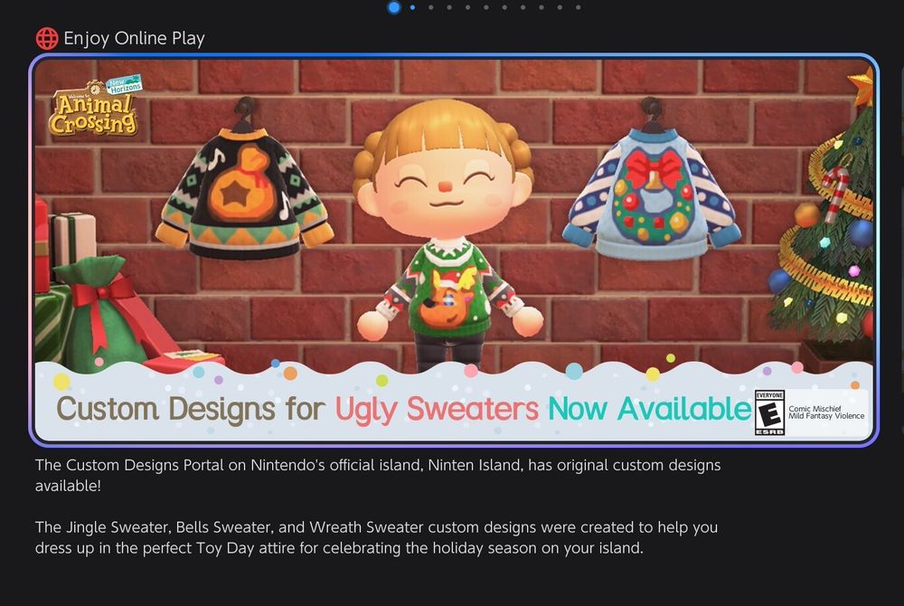 A character wearing a Jingle Sweater with Bells Sweater and Wreath Sweater hanging behind them on a brick wall, with presents and a tree off to either side. 

"Custom Designs for Ugly Sweaters Now Available on Animal Crossing New Horizons."

"The custom design portal on Nintendo's official island, Nintend Island, has original custom designs available!"

"The Jingle Sweater, Bells Sweater, and Wreath Sweater custom designs were created to help you dress up in the perfect Toy Day attire for celebrating the holiday season on your island."
