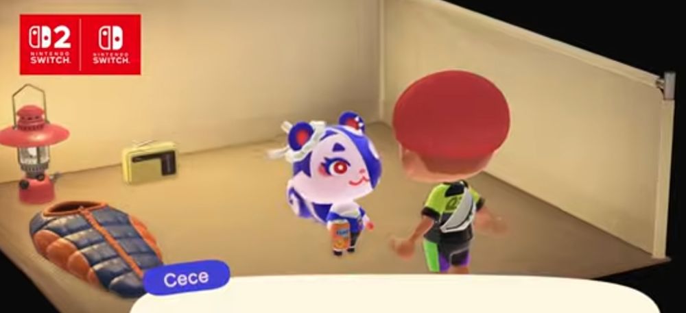 A blue and white squirrel named Cece in Animal Crossing New Horizons in a tent in front of a player character. there's a lantern, sleeping bag, and radio behind Cece. Cece is holding an orange soda can.