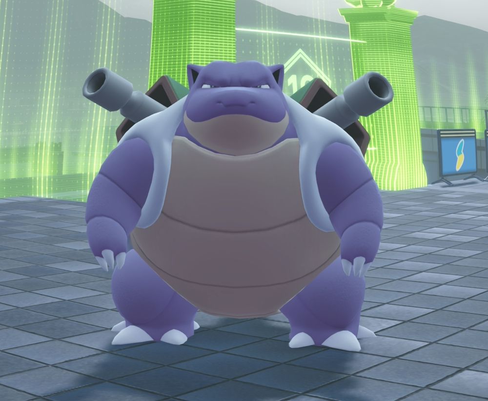 Shiny Blastoise looking unimpressed standing on stone tiles with a green wild zone behind.

Large light purple turtle with cannons coming out of her shell.