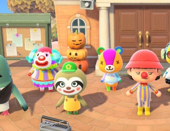Animal Crossing New Horizons. Brewster, Pietro, Leif, Stitches, me in a clown nose, clown costume, rain boots and rain hat standing in the plaza in front of Resident Services before exercising. 