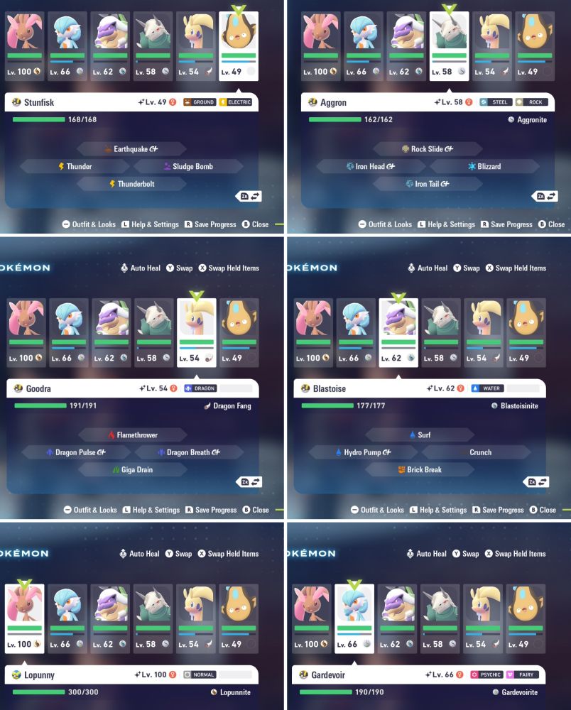 A collage of 6 screenshots showing my shiny (rare, alternate color version) Pokemon and their genders♀️ and types from my inventory in Pokémon Legends: Z-A.

Stunfisk - shiny ✨ Lvl 49 female. ground/electric type.

Aggron - shiny ✨ Lvl 58 female. steel/rock type.

Goodra - shiny ✨ Lvl 55 female. dragon type.

Blastoise - shiny ✨ Lvl 62 female. water type.

Lopunny - shiny ✨ Lvl 100 female. normal type.

Gardevoir - shiny ✨ Lvl 66 female. psychic/fairy type.

#pokémonlegendsza #plza