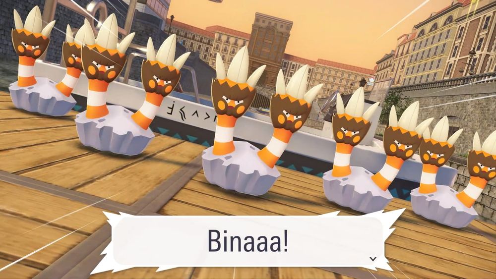 A close up of five Binacle Pokémon yelling "Binaaa!" with buildings along the canal in the background.

They are two orange/white/brown hands protruding from a rock with claw-like hair and faces on the palm of the hand.