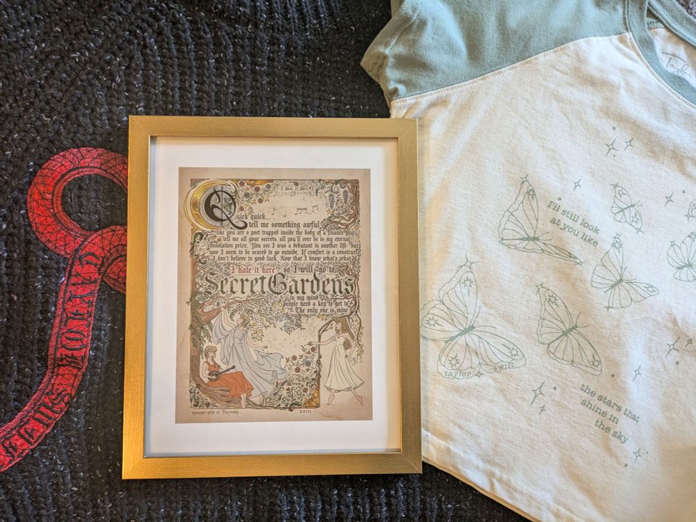 A Taylor Swift reputation sweater, a Taylor Swift debut shirt, and an "I hate it here" print by Alef Vernon in a gold frame.

Lyrics on the print: 
Quick, quick
Tell me something awful
Like you are a poet trapped inside the body of a finance guy
Tell me all your secrets
All you'll ever be is
My eternal consolation prize
You see I was a debutant in another life but
Now I seem to be scared to go outside
If comfort is a construct
I don't believe in good luck
Now that I know what's what
I hate it here so I will go to
secret gardens in my mind
People need a key to get to
The only one is mine