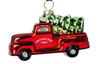 Christmas tree farm truck ornament. Red truck with a tree in the bed.