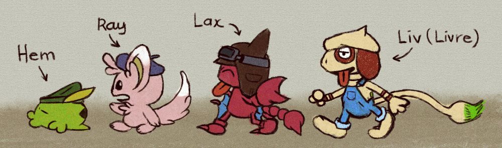 art of team i-don't-know-the-name-yet, consisting of hem the gulpin, ray the shiny minccino, lax the gligar, and liv the smeargle.
