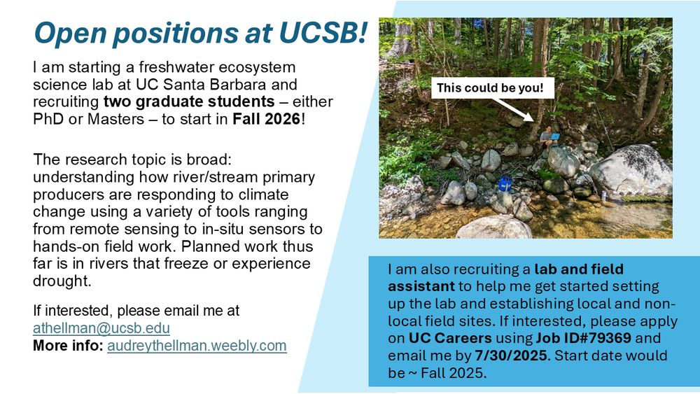Ad for 2 graduate student positions and and 1 lab and field assistant position at UCSB. More info go to audreythellman.weebly.com