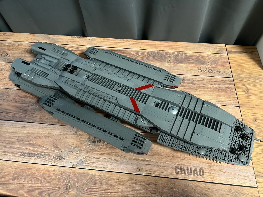 Brick build Battlestar Galactica 80cm long, made by BlueBrixx from 3700 bricks. Accompanied by two tiny Viper Mark 2 and a Cylon Raider - bottom view