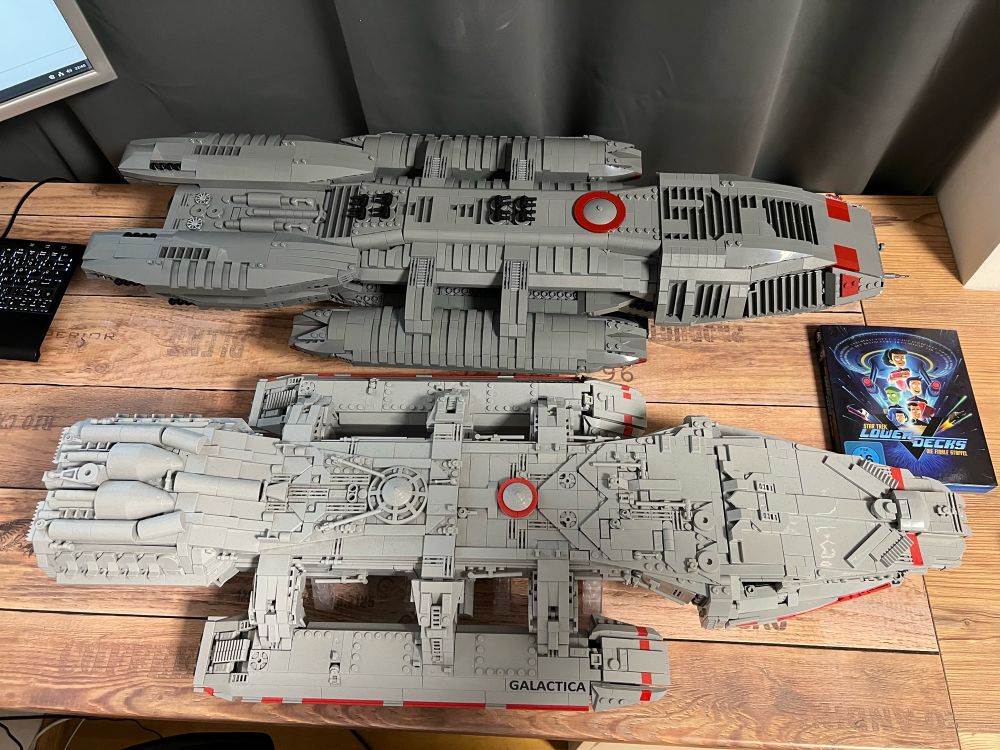 Comparison of the classic and the me Battlestar Galactica by BlueBrixx, 3700 vs 2700 pcs, Star Trek Lower Decks BluRay for size 