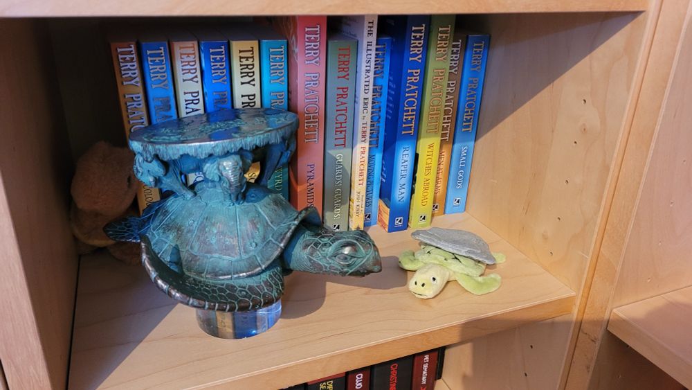 Book collection of Terry Pratchett Discworld novels. One official A'tuin figurine and one improvised turtle plushie with a flat stone on top.