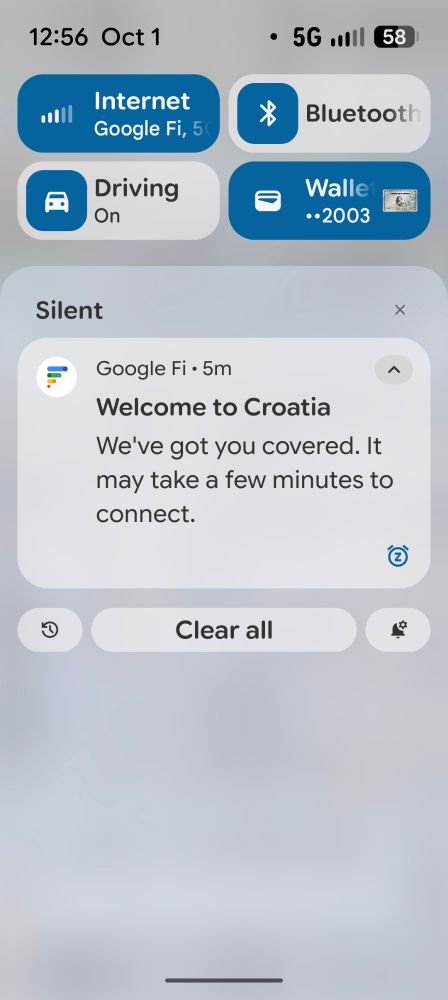 Screenshot of phone notification from Google Fi: "Welcome to Croatia. We've got you covered."