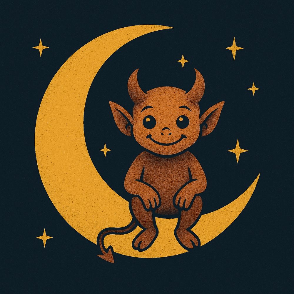 A cute imp sitting on a crescent moon