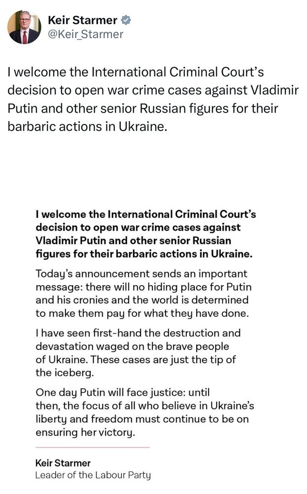 Keir Starmer’s statement supporting the ICC’s decision to open war crimes cases against Vladimir Putin (17 March 2023)