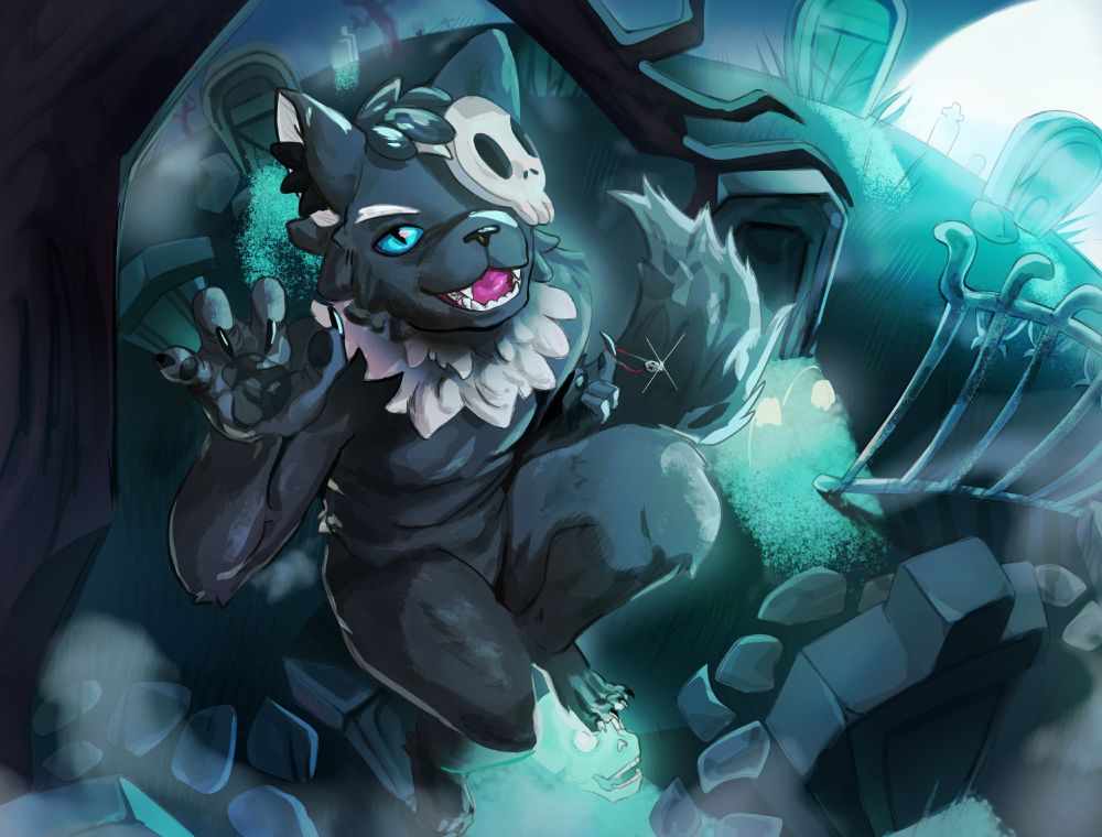 Anthropomorphic black cat with a skull mask over his left eye sitting inside a graveyard with his left foot on a skull and his mouth open

art by vgen.co/Pinkpoms