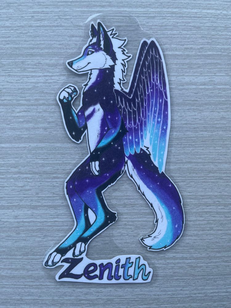 Traditional badge of a purple, blue, and white winged anthro coyote OC named Zenith
