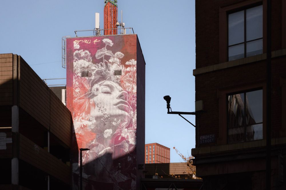 Manchester, England. A photograph of a mural painted on the stairwell structure of the Church Street multi-storey car park. The mural depicts the face of a young woman, her eyes closed, amongst different flowers. The woman and flowers are painted in white, appearing bright against the background of warm reds and purple.