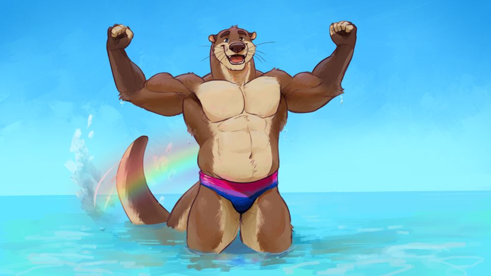 Redacted, a muscular, anthropomorphic North American River Otter, is standing in a large body of water. He is facing the viewer, striking a triumphant pose, both arms raised up, flexed in a slight W shape. His mouth is open in an ecstatic smile, and his eyes are looking just above the viewer, towards the clear, blue, sky. His large, rudder-like tail wags behind him in the water, the spray creating a rainbow in the air. He is wearing a Speedo swimsuit featuring the colors of the Bi pride flag. Water drips from his body, glistening in the sunshine.