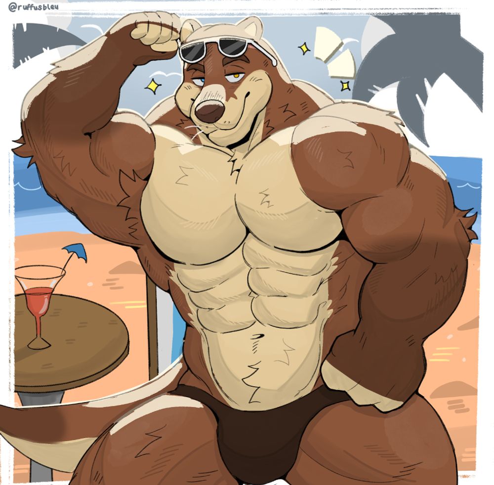 Redacted, a muscular North American River Otter, is standing on a beach, facing the viewer. He is wearing a Speedo swimsuit, his heavily muscled body filling the frame, and warm sunshine highlights his physique. One hand is on his hip and the other is raising his sunglasses up on his head. He is giving the viewer a questioning look, a sly smile playing across his face. The end of his large, rudder-like tail is visible behind him. Palm trees, warm sand, beach furniture, and the ocean make up the background.