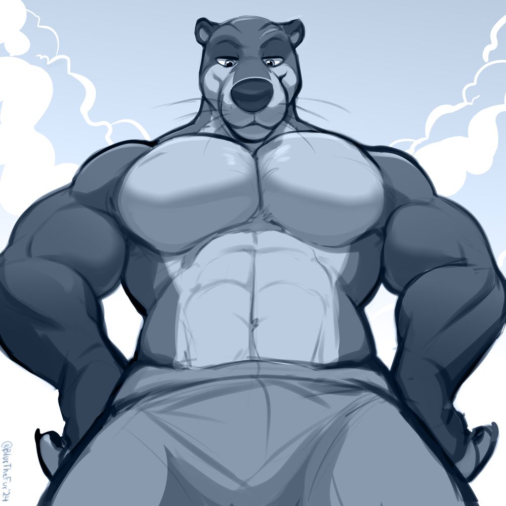 Redacted, a muscular, anthropomorphic, North American River Otter, stands facing the viewer, wearing a pair of shorts. He towers over them, his hands on his hips, the bulging muscles in his arms clearly visible, and the muscles in his back flared out, giving his torso a wide V-taper. He looks down at the viewer, over his large pectoral muscles, his mouth curved into a smug smile. Behind him, clouds swirl into the sky, giving a huge sense of scale.