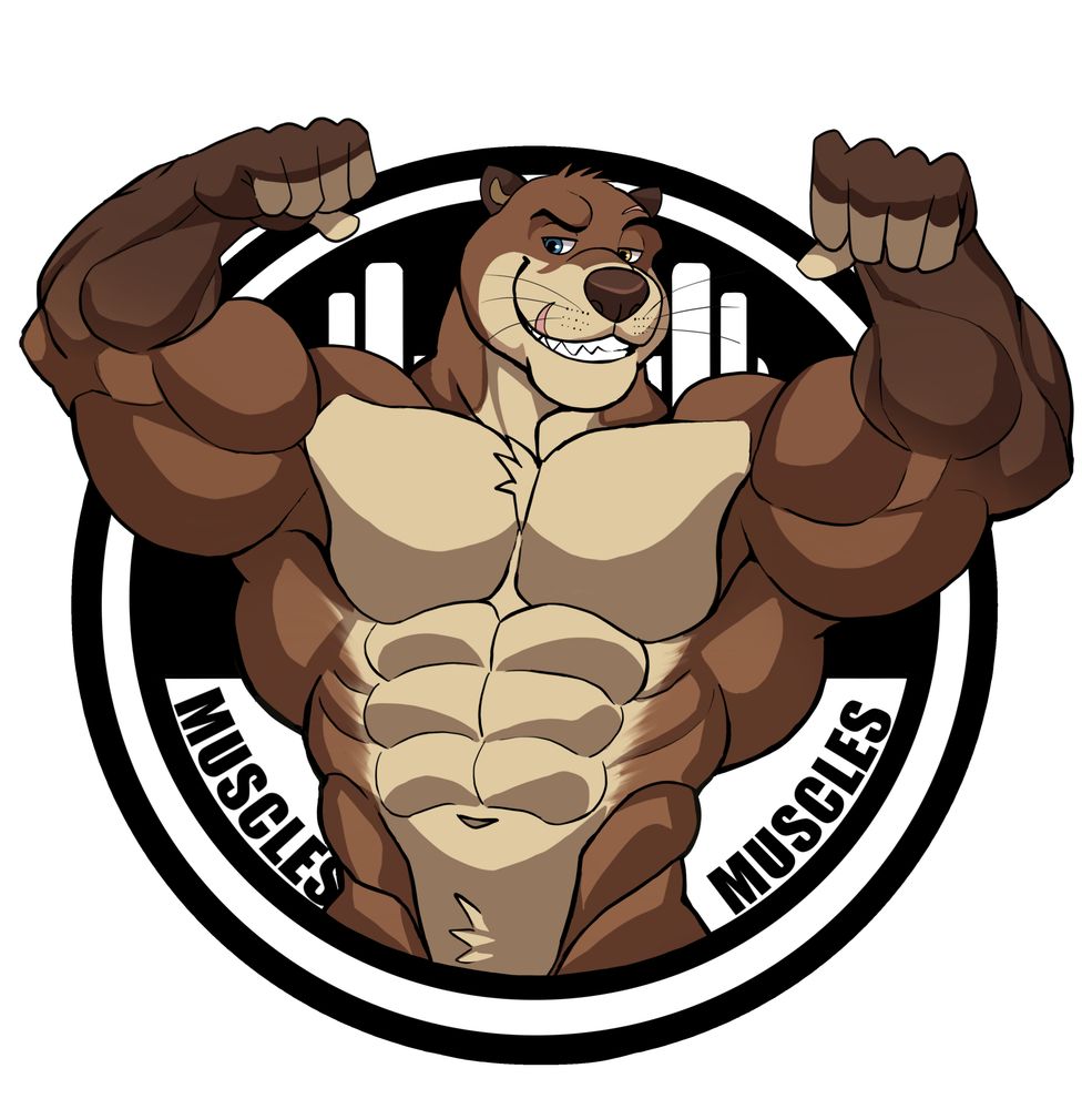 Redacted, a very muscular, anthropomorphic river otter, performs a "front double biceps" bodybuilding pose. Both of his arms are raised, the muscles in his arms bulging. His head is turned slightly to the left, revealing a scar on his upper, right lip, his teeth visible as he grins at the viewer. The fur on his well-muscled body lays flat, except for small tufts on the top of his head, between his pecs, and in a vertical line from below his navel down to his groin.