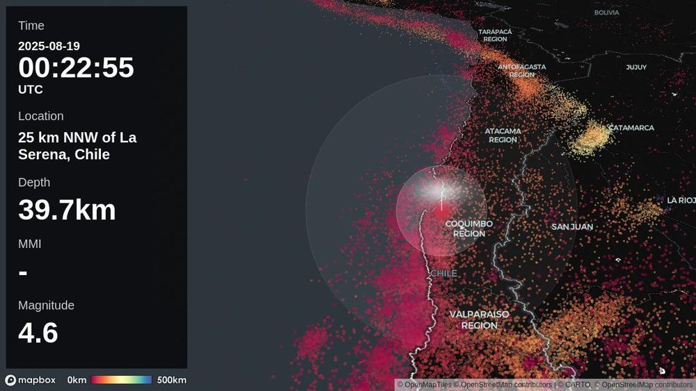 On 2025-08-19, at 00:22:55 (UTC), there was an earthquake around 25 km NNW of La Serena, Chile. The depth of the hypocenter is about 39.7km, and the magnitude of the earthquake is estimated to be about 4.6.