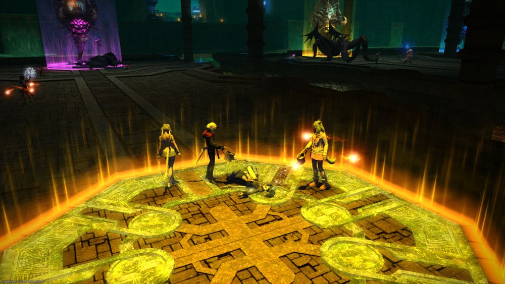 A screenshot of an Au Ra in FFXIV lying on the floor in Labyrinth of the Ancients, with two other players watering her with watering cans. Of course I got LoTA again. 