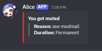 discord message of a bot telling the user they have been permanently muted from chatting in a server 