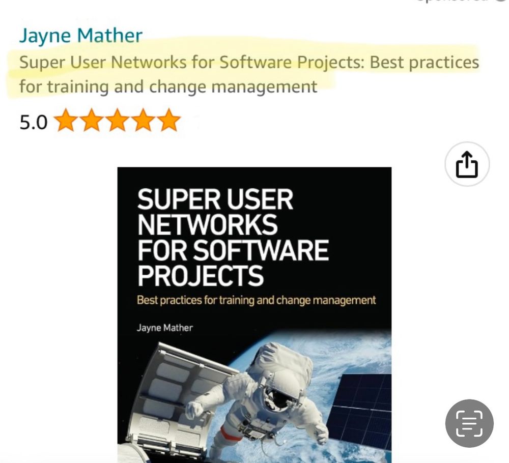 Screenshot of book cover and title Super User Networks for Software Projects 
The book cover has an image of an astronaut in space, which is silly as the book is about IT not space.
