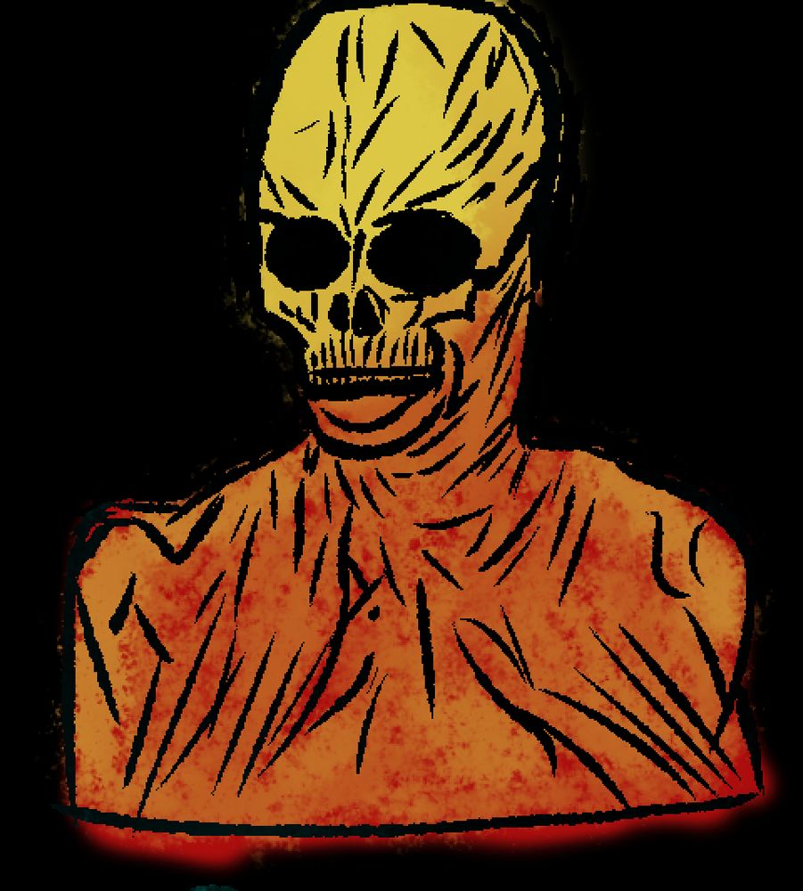 a digital sketch, a bust portrait of a golden skull on a bloody pile of muscles - The Body
