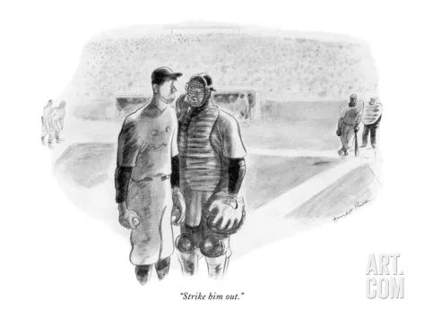 a cartoon of a mound meeting between the pitcher and catcher. the catcher says "strike him out"