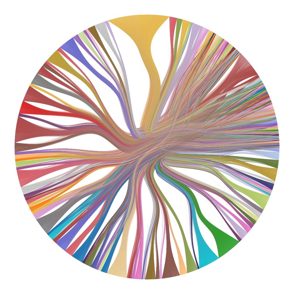 Hierarchical stochastic block model results. Each line connects a guest to a show. Colors reflect terminal (lowest-level) block pairs.