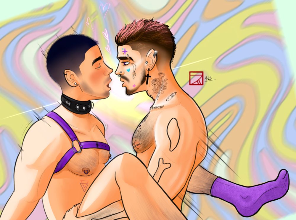 Lorenzo thrusting his girthy pierced cock deep inside Mateo. They're fucking in the "Afternoon Delight" position with Mateo bottoming. 