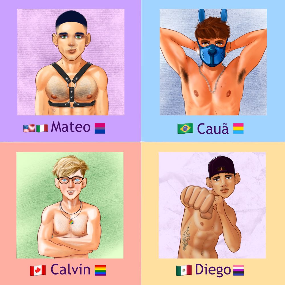 Four quadrants of my OC, Spicy Mateo, Pup Caua, Gaymer Calvin, and Sporty Diego. All for are posing with shirts off. 