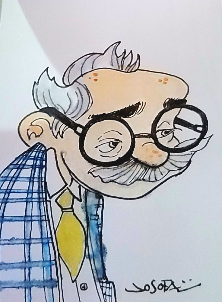 
A hand-drawn caricature of an elderly man with exaggerated facial features, including bushy eyebrows, a large forehead with freckles, and a thick mustache. He wears round glasses. His expression is tired but wise, with slightly squinted eyes. He is dressed in a white shirt, a yellow tie, and a blue plaid jacket draped over his shoulder. The artwork is signed "Josofa" at the bottom. The style is loose and expressive, using ink and watercolor.