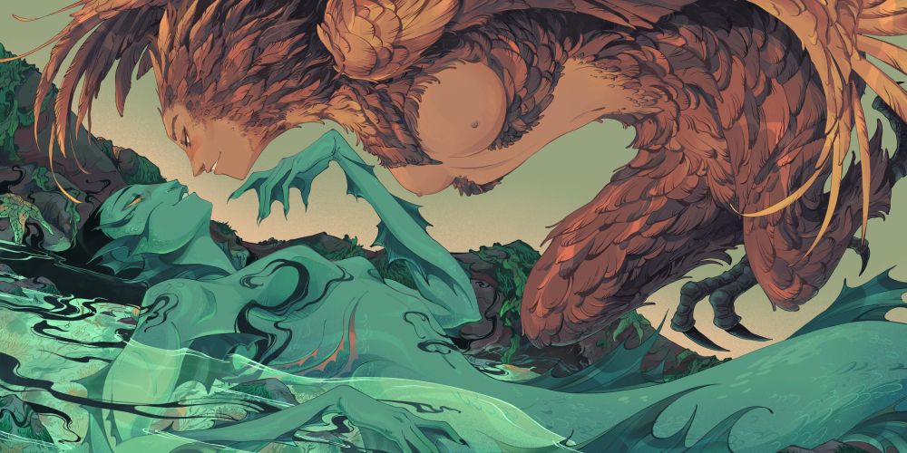 Illustration of a Harpy and Mermaid, in love. The mermaid lays on her back in a tide pool as the harpy flies closely above her. Their faces and bodies almost touching, but not quite yet. the bottom half of the illustration where the mermaid is, is all in blue/reens, while the upper half where the harpy is, is all in warm pink/purple/yellows. Their eyes match the others pallet