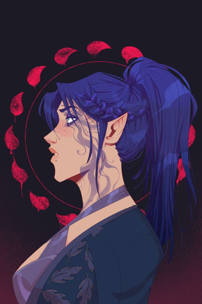 Illustration in portrait profile of a half elf woman with a thick blue ponytail. She has a wavy/swirly tattoo that emanates from her eye and travels all the way down to the base of her neck. Behind her is the symbol of Bhaal, dripping red blood droplets that form a circle 