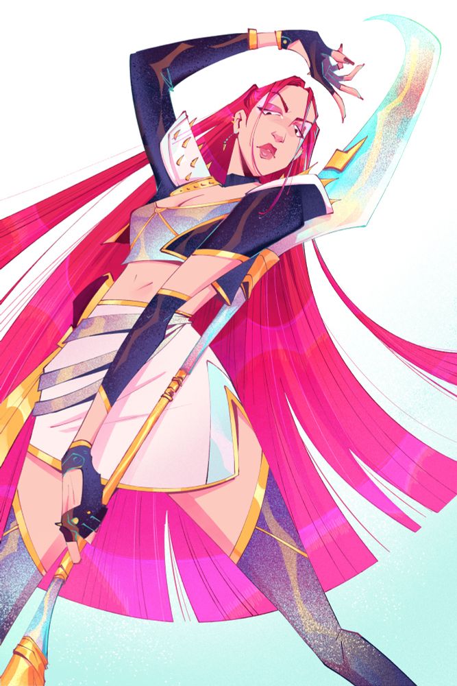 Illustration of Mira from Kpop Demon Hunters. She stands posing one hand with her glaive, and the other above her head. She looks cool. Her outfit is similar to her Golden outfit but adjusted slightly with dark and light glitter