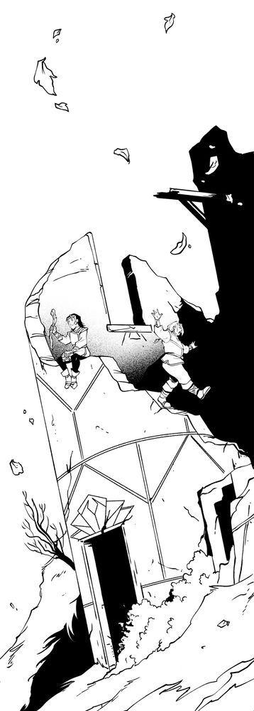 lineart of a wide shot of a short tower ruins. sitting near the top on a broken wall is young Loki who holds out a stick with contentment. A little lower on the ruins is young Thor, who is bravely and boldly trotting down the broken edge of the wall. Leaves of Yggdrasil float about.