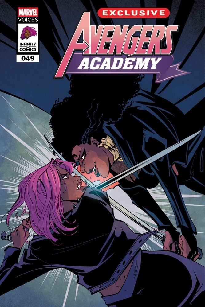 Cover for avengers academy 49 featuring Brielle and Apostate in a sword locked fight 