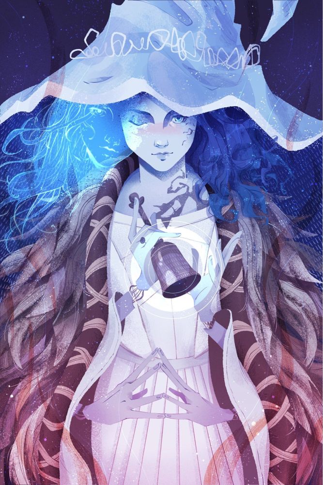 An illustration of Ranni the witch from the videogame Elden Ring. She is a blue doll with 4 arms. Her face has a crack under the left eye, while her right eye remains closed. She has long dark blue curly hair and an oversized light blue witches hat. She wears a white gown with a grey furry cloak overtop. Her bottom two hands are touching fingertips together while the top 2 hands delicately ring an old iron handbell. from her closed right eye emerges the apparition of a girls face—similar to her own 