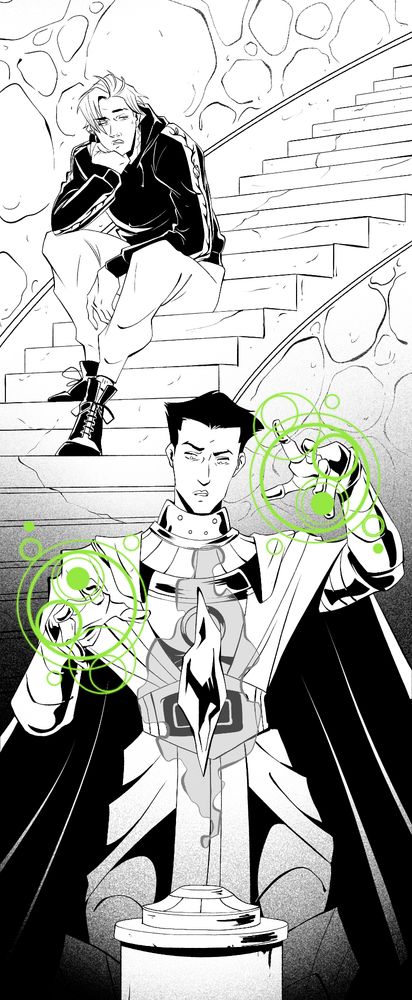 Lineart of Blackheart and Nate Richards in his young immortus attire. Blackheart sits, boredly, on a set of spiraling stairs, watching Nate as her conducts some time magic on the M'Kraan crystal