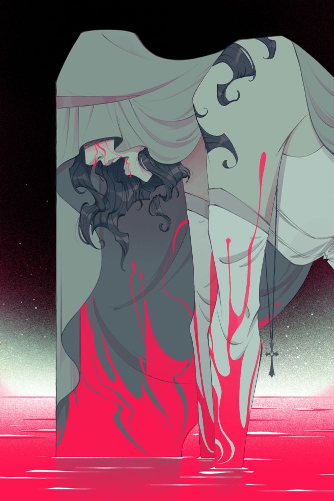 llustration of my OC Emmeranne, a Necromancer, in profile view from the torso up. She is hunched over, forearms deep in a red pool of blood. Her headpiece drapes into the pool and blood curls up it and her arms. Her eyes are obscured by the headpiece, but her curly hair dangles around her downturned face—mouth agape—as 3 years of blood trickle down her cheek 