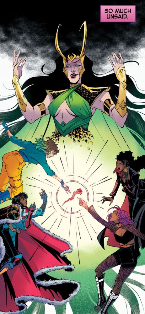 Panel from Avengers Academy #60 featuring escapade and bloodline dramatically reaching for the tusk of ratatoskir stake. They are in the same pose as Anthy and Utena in the next image. Above bloodline is apostate, conflicted in her feelings, reaching towards Brielle. Below escapade is Jamie Chopra the Black Knight reaching towards Shela with longingly. Large and Above them all is Lady Loki appearingly at the helm of all this choas 