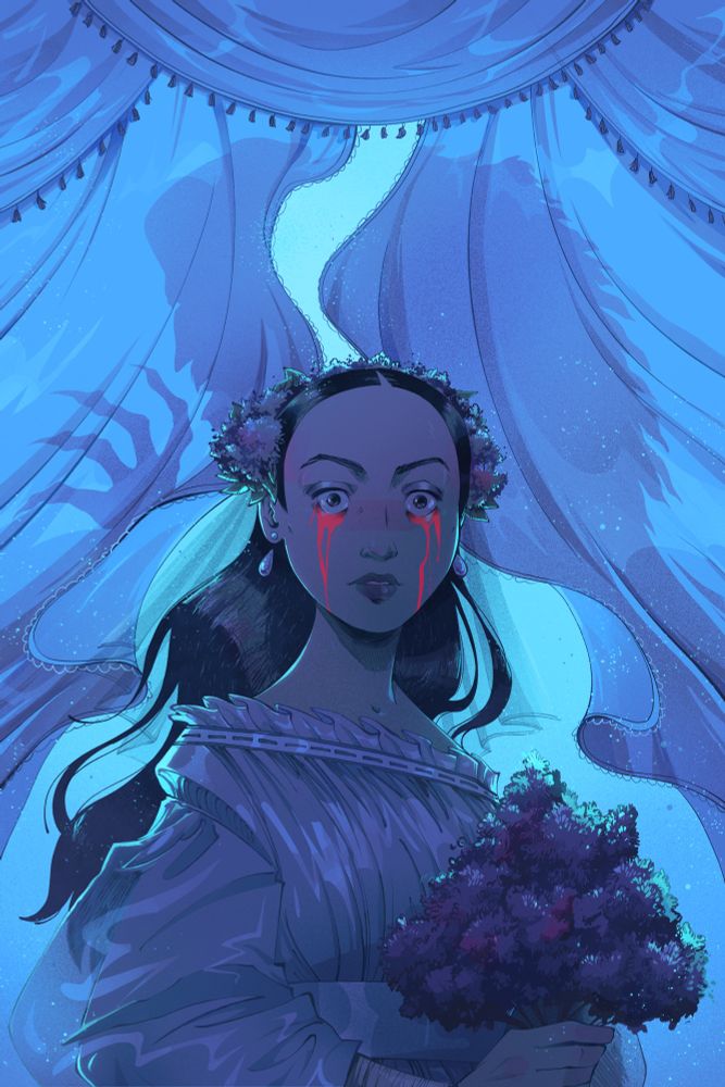 An illustration, all in a nighttime periwinkle, of Ellen from Robert Egger’s Nosferatu. She stands in the middle of the image in 3/4 view, her head facing straight towards us. Her eyes are wide as bright red/pink blood pours from them. She wears her wedding gown and holds a bouquet of lilacs. Behind her, flowing curtains blow about as the looming shadow of Count Orlock stands in profile.