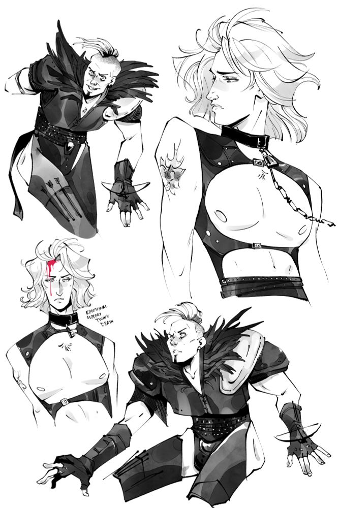 Black and white sketches of Wez and The Golden Youth from Mad Max Road Warrior 