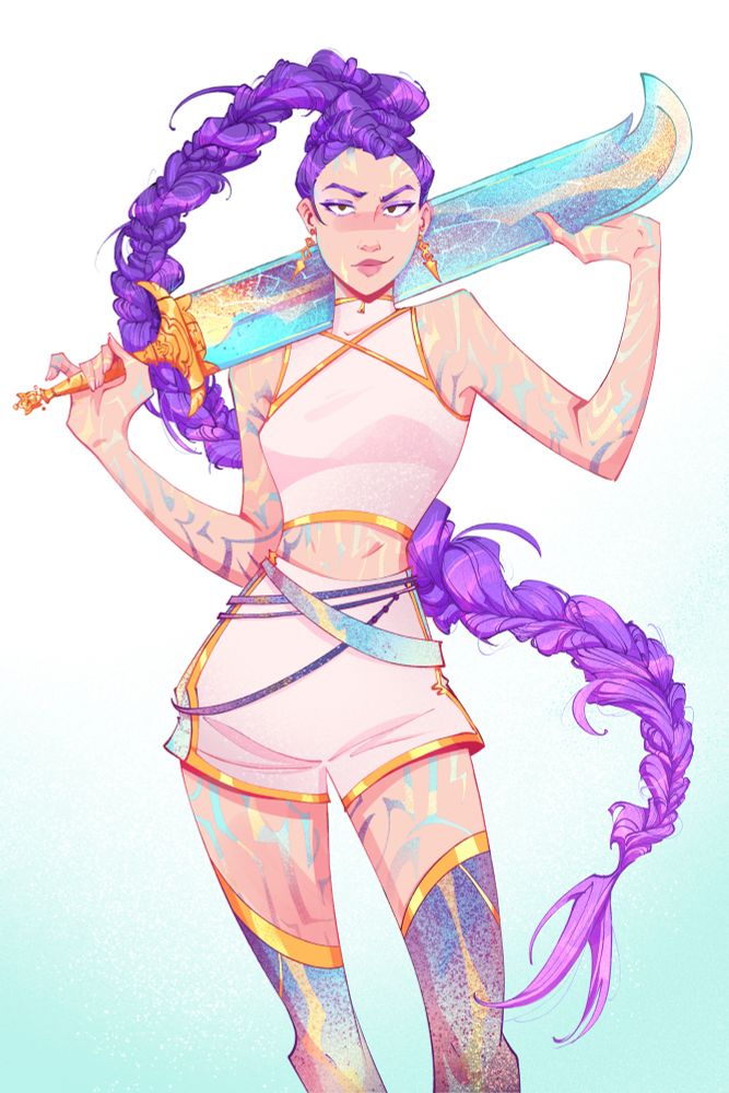 Illustration of Rumi from kpop demon hunters standing straight on, resting her jinu-form sword across her shoulders with a playful smirk. Her long purple braid sways in an S-shape behind her. She wears a white cropped tank top and high rise white shorts with golden accents—it looks similar to her finale outfit but is mostly made up. Her demon markings are on proud display and glowing in a range of colours 