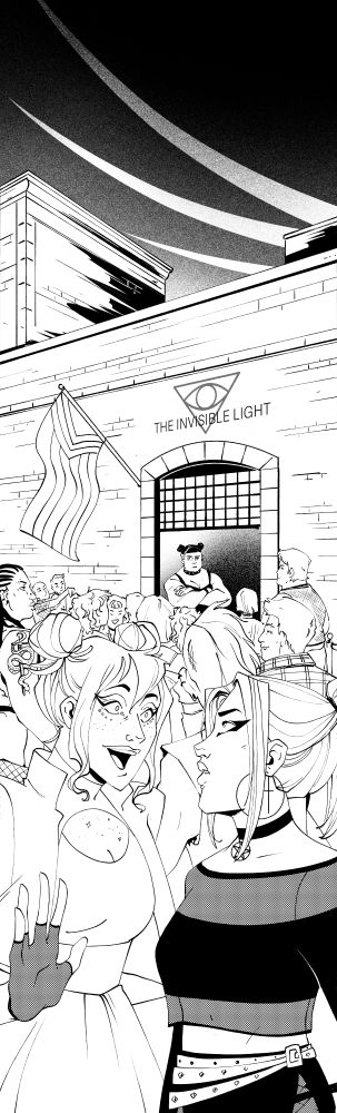 lineart of Shela Sexton and Brielle Brooks in club outfits standing in line for the gay club, The Invisible Light. Cindy Shears stands in the doorway as a bouncer