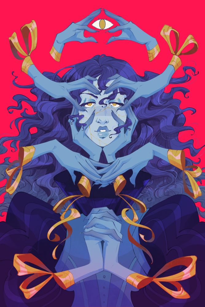 Illustration of a blue doll-like character with long curled dark blue hair. She has golden cracks on her face, and no neck but rather a floating head above a frilly and puddly dress. Notably, she has 5 sets of disembodied hands—tied off with golden ribbons— that float around her in various poses of rest, clasping, and ornamentation. Above her, a set of hands encircle a floating eye insignia 