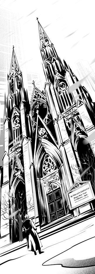 inked drawing of St Patricks cathedral in New York. We are viewing it from a lower/ dutch angle so it feels grandiose. Its rose window is broken. on the street in front human blackheart stands looking towards it