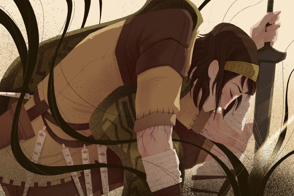 An illustration in profile view of the character Wander from the ps2 game Shadow of the Colussus. He is kneeling/leaning over in a half collapsed state. His left arm grips the hilt of his sword which is plunged into the implied colussus as ribbons of black spray out and around his body. His eye are closed as his hair falls tiredly around his face. His right arm braces the ground, propping his body up. There are dark veins creeping up his arms and neck.