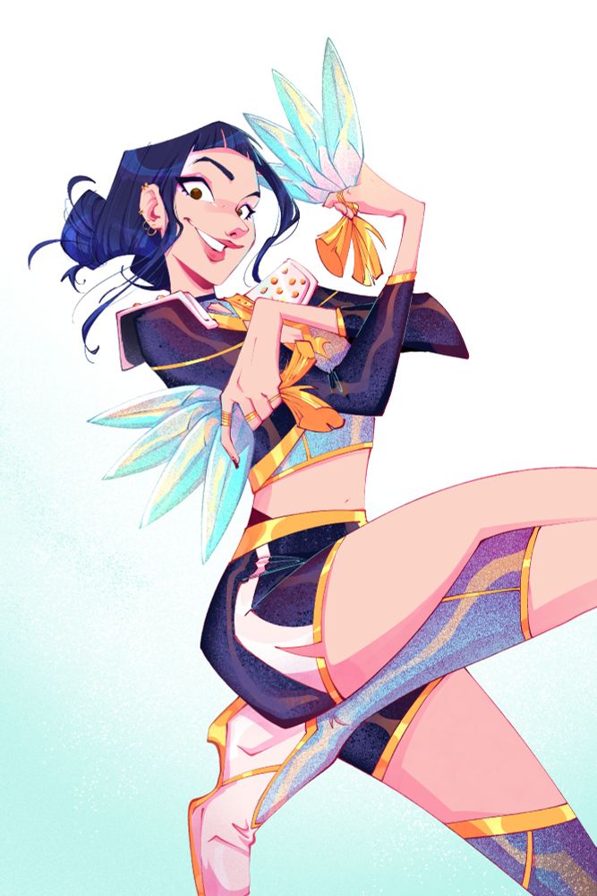 Illustration of Zoey from k pop demon hunters. She's in a 3/4 angle pose, with her arms crisscrossed in front of her, holding her blades like fans. she has a bouncy bright expression, and is wearing a blue and gold outfit inspired by her "Golden" outfit